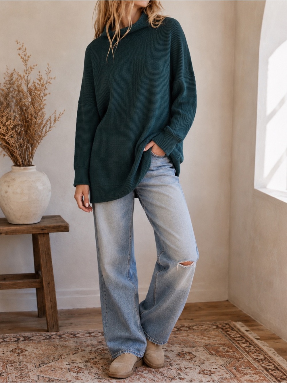 Free People Ottoman Slouchy Tunic Long Sleeve Sweater Medium Dark Teal Ribbed